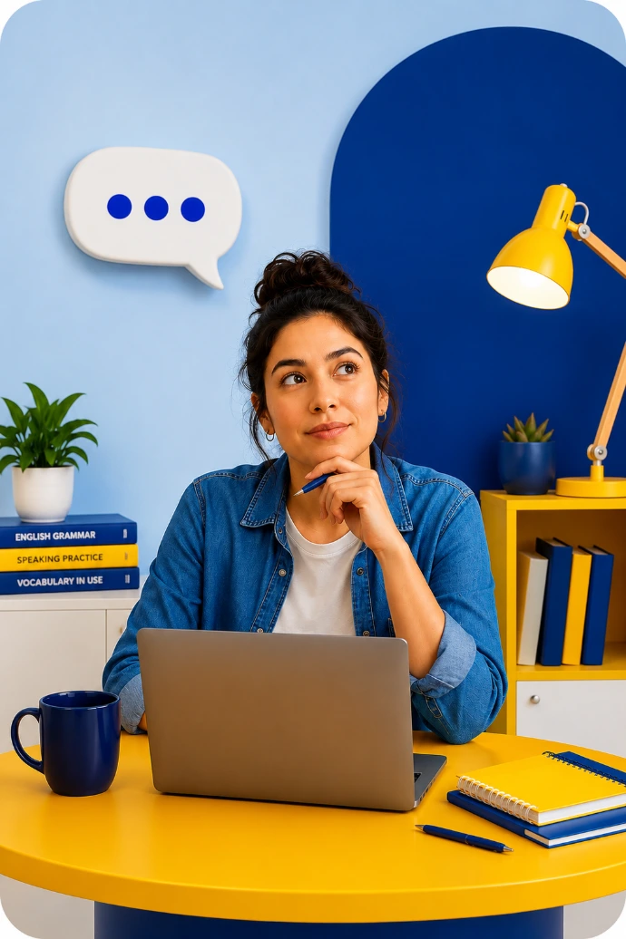 Persona aprendiendo inglés en casa con recursos de estudio y conversación