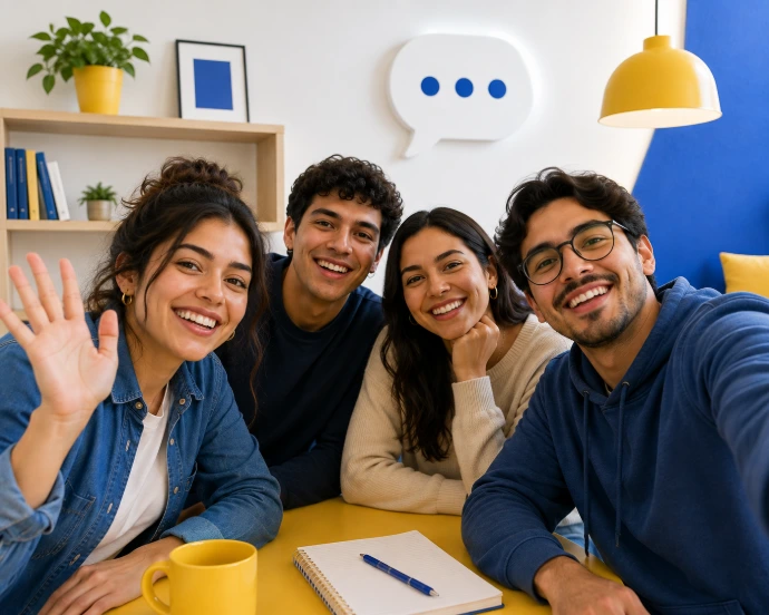 Grupo de personas reunidas y conectadas en una comunidad de aprendizaje de inglés