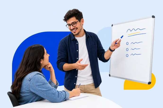 Clases de inglés online en grupos pequeños con profesor y estudiante practicando
