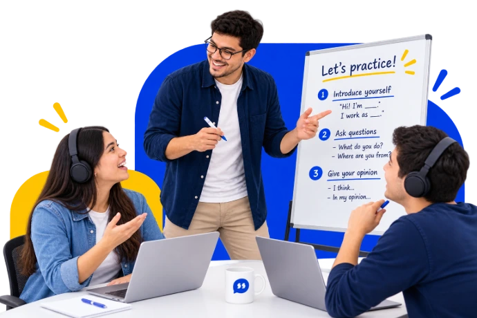 Clase de inglés online en grupo pequeño con profesor y estudiantes practicando