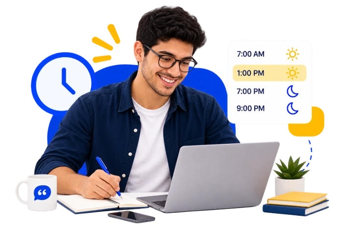 Estudiante aprendiendo inglés online en diferentes horarios para combinar sus clases con el trabajo