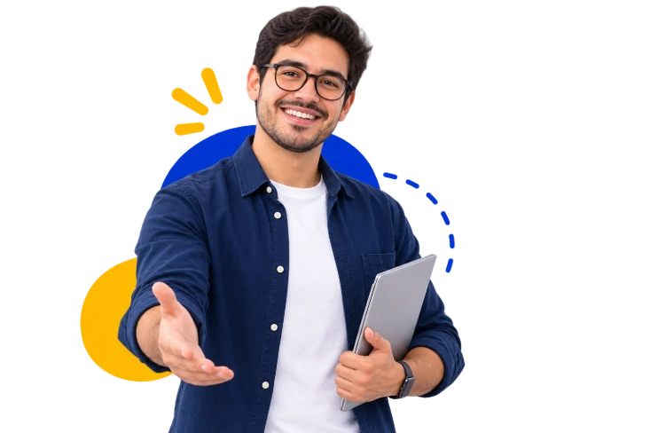 Profesor invitando a comenzar clases de inglés online
