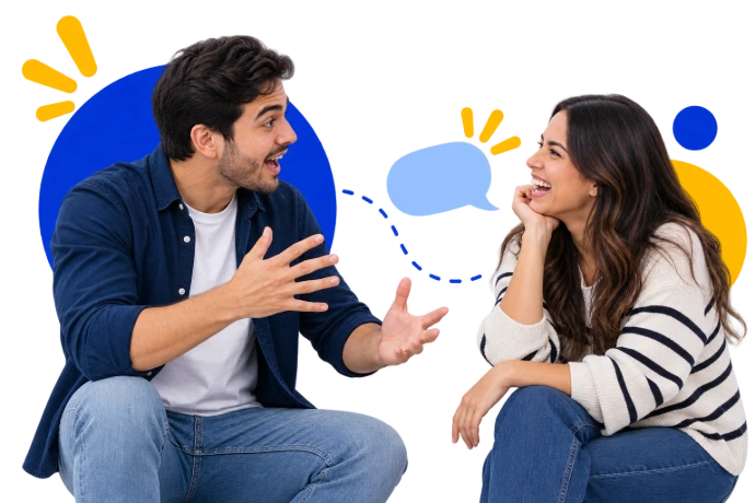 Dos personas practicando inglés en una conversación animada