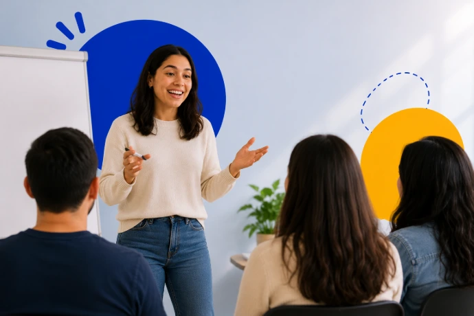Taller de inglés con profesor y estudiantes participando en grupo