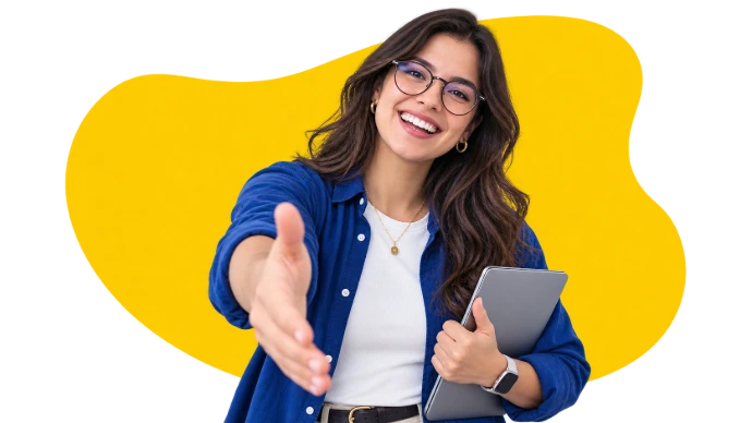 Profesora invitando a comenzar clases personalizadas de inglés