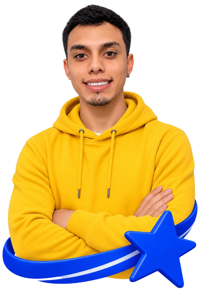 Hombre sonriendo con saco amarillo y brazos cruzados, acompañado de una estrella azul en la parte inferior.